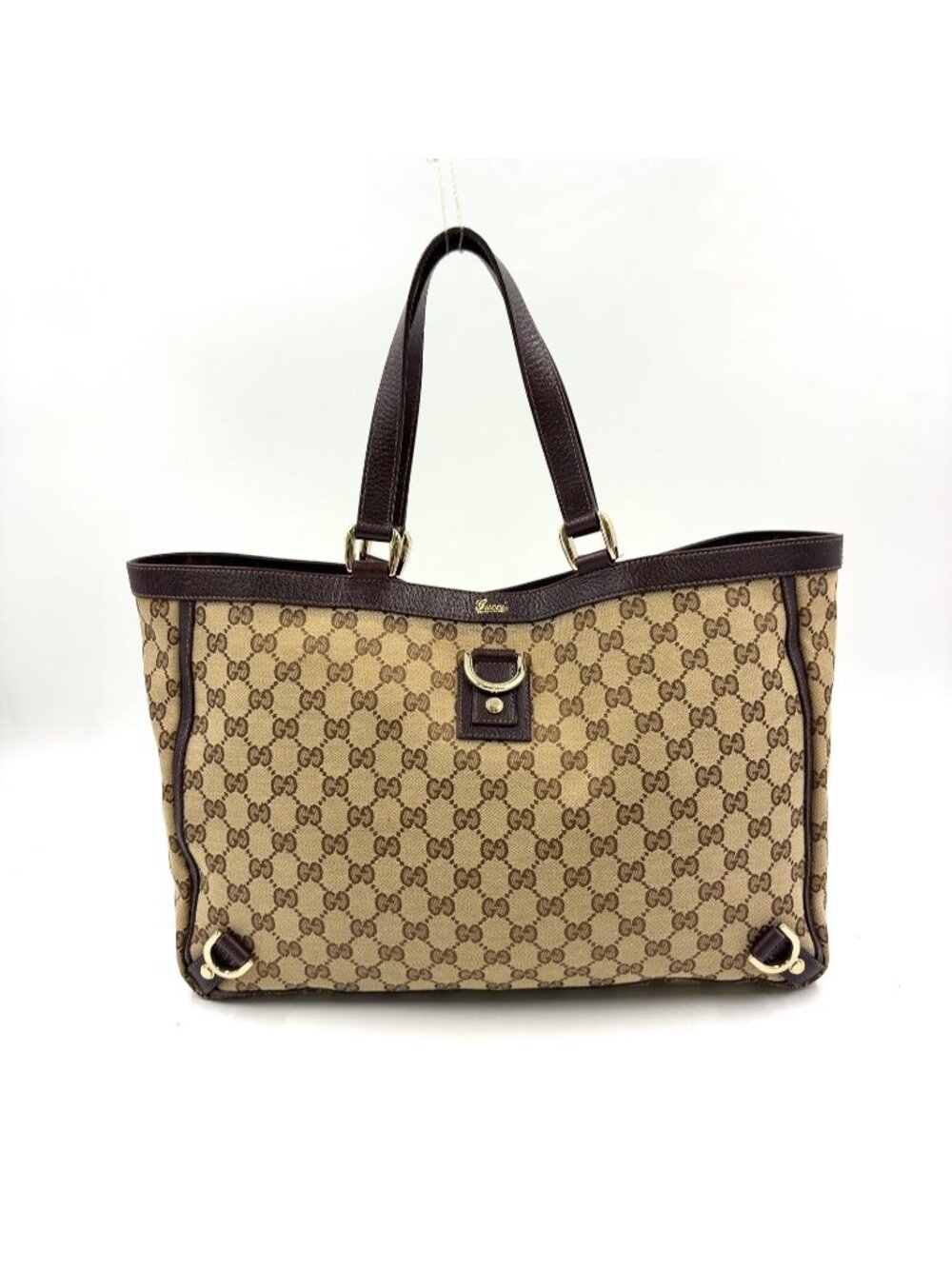 Gucci Abbey Leather Canvas Dark Brown Beige Tote Bag Gold